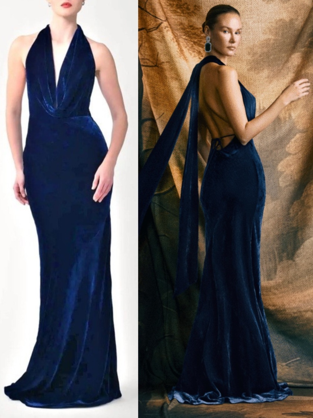 NEW SAU LEE Dark TEAL BLUE Halter PEARL Draped Low Back VELVET Evening GOWN US 2